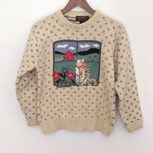 Women's Vintage Eddie Bauer Grey Tabby Cat Sweater Small 1989 Hong Kong Wool